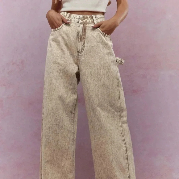 Khaki Casual Women's Washed Folded Hem Straight Leg Jeans - Picture 2 of 4